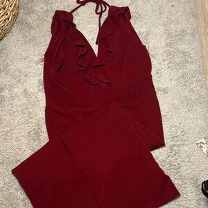Almost Famous Burgundy Ruffle V-Neck Halter Jumpsuit